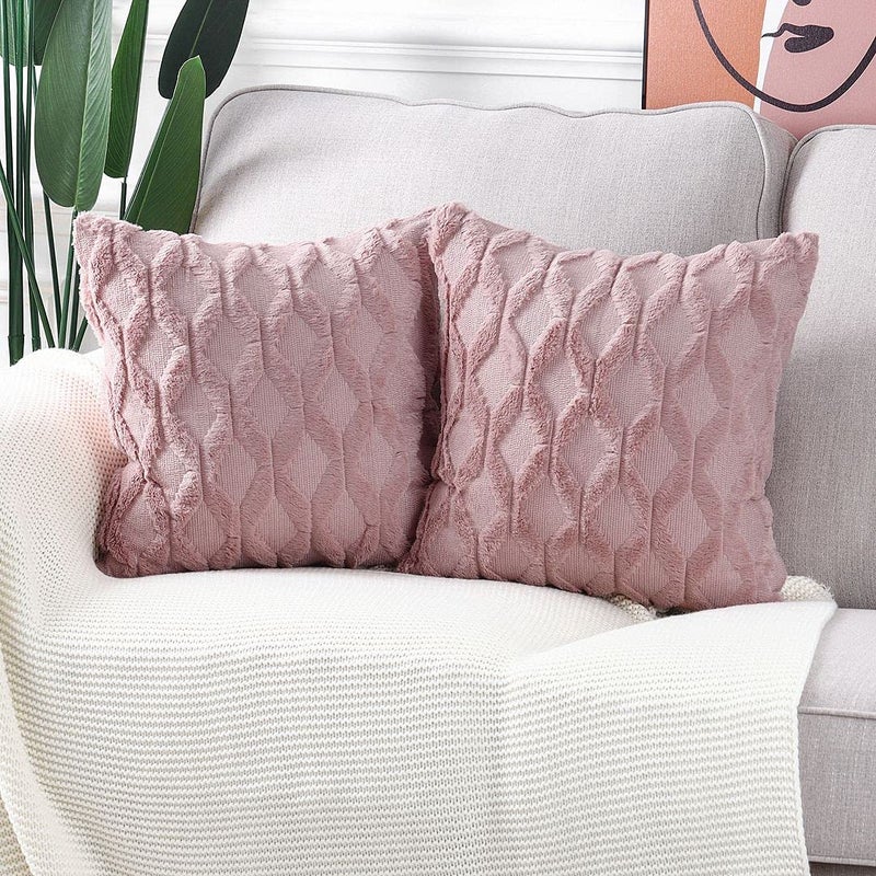MADIZZ Set of 2 Soft Polyester Short Wool Velvet Decorative Throw Pillow Covers 24x24 inch Pink Square Luxury Style Cushion Cases European Pillow Shell for Sofa Bedroom - Image 2